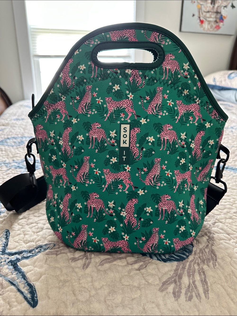 SoKIt Green Tote Bag with Pink Leopard Print